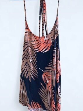 VENUS Navy Tank Top with Coral and Tan Tropical Leaf Print